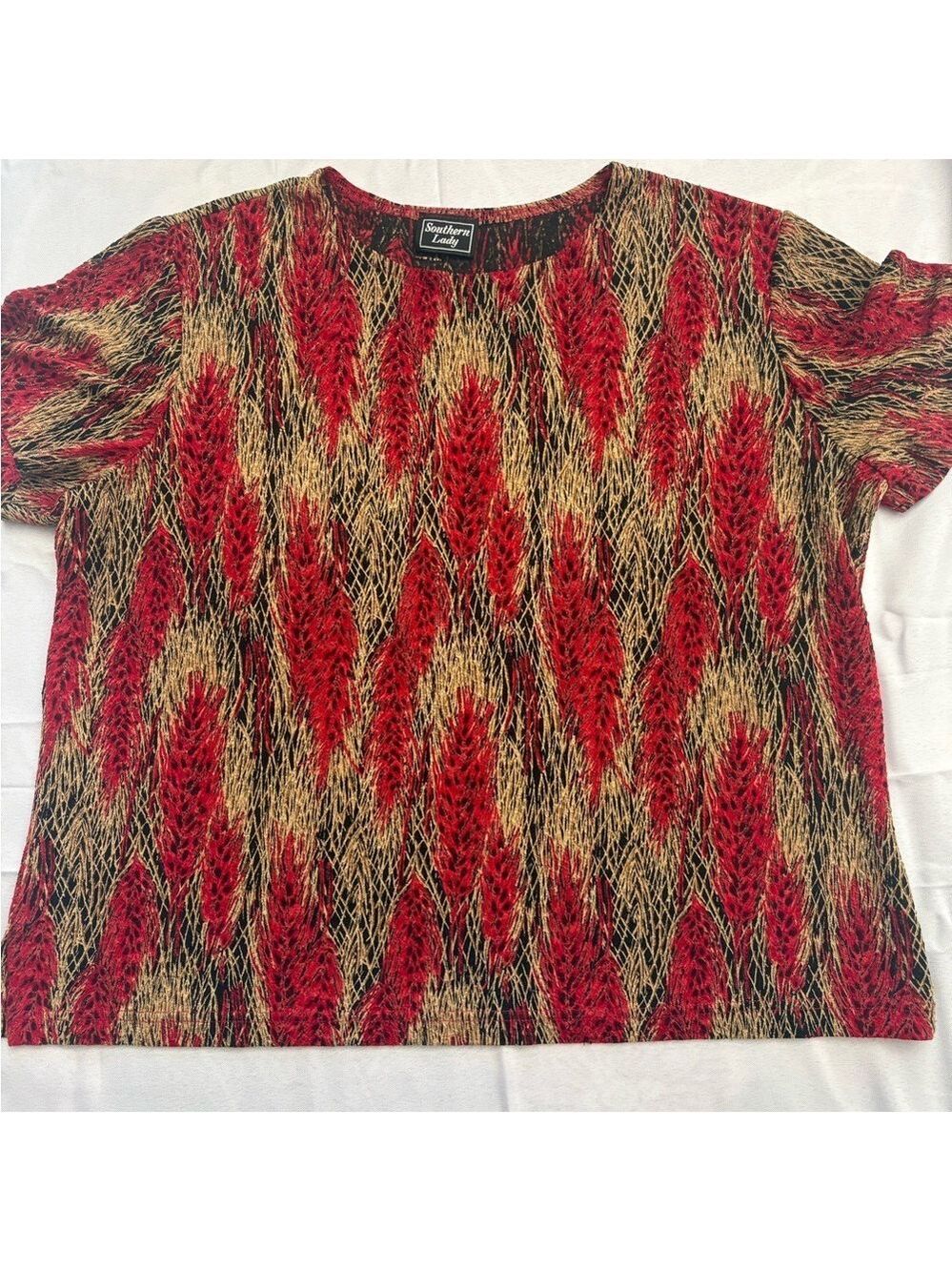 Southern Lady Red and Gold Patterned Short Sleeve Top